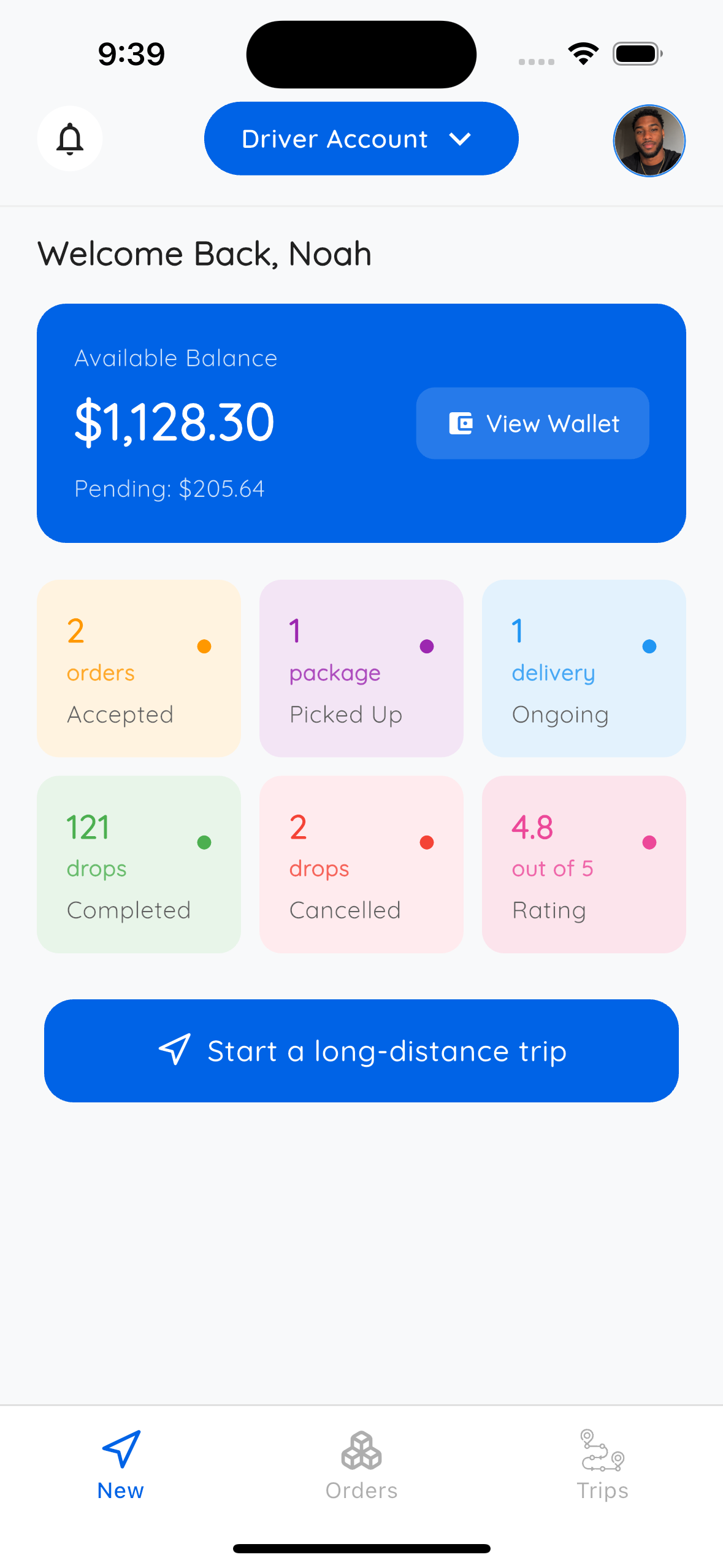 AnyDrop driver dashboard showing earnings and active deliveries
